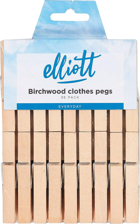Elliott Hardwood Clothes Pegs with Metal Coil Spring for Firm Grip, Contoured to Prevent Leaving Marks on Clothing, This Pack Include 36 Pegs Ideal for Outdoor and Indoor Use