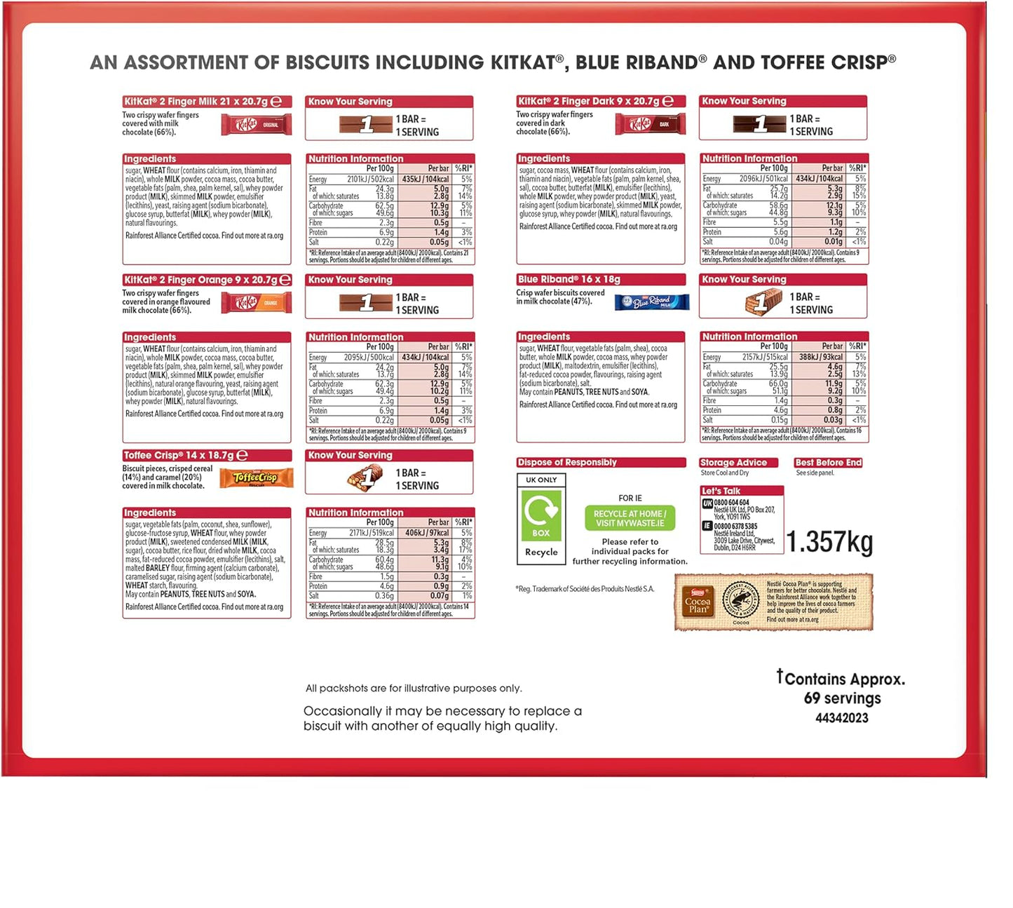 Nestlé Kitkat and Friends Big Biscuit Box | 69 x Chocolate Biscuit Bars - KitKat, Blue Riband, Toffee Crisp | Bulk Chocolate Box 1.357kg