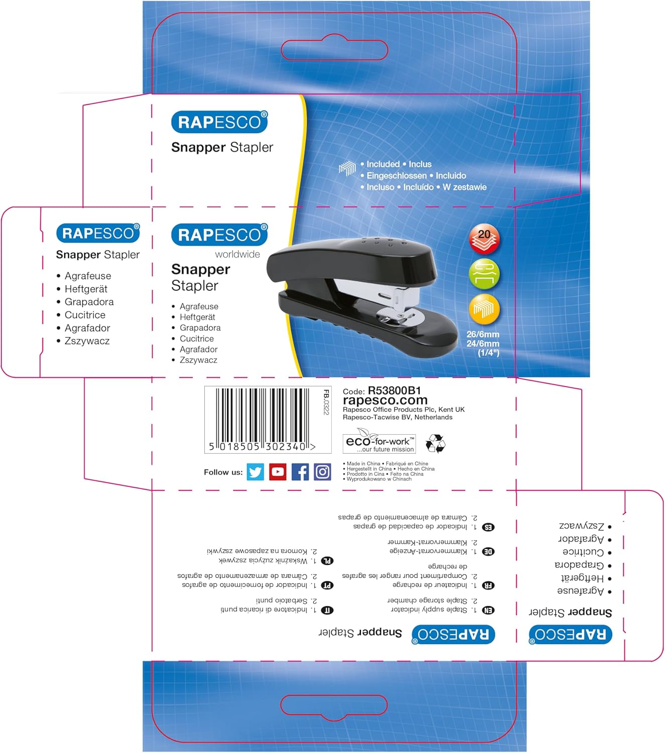 Rapesco R53800B1 Snapper Half-Strip Stapler, 20 Sheet Capacity, Black