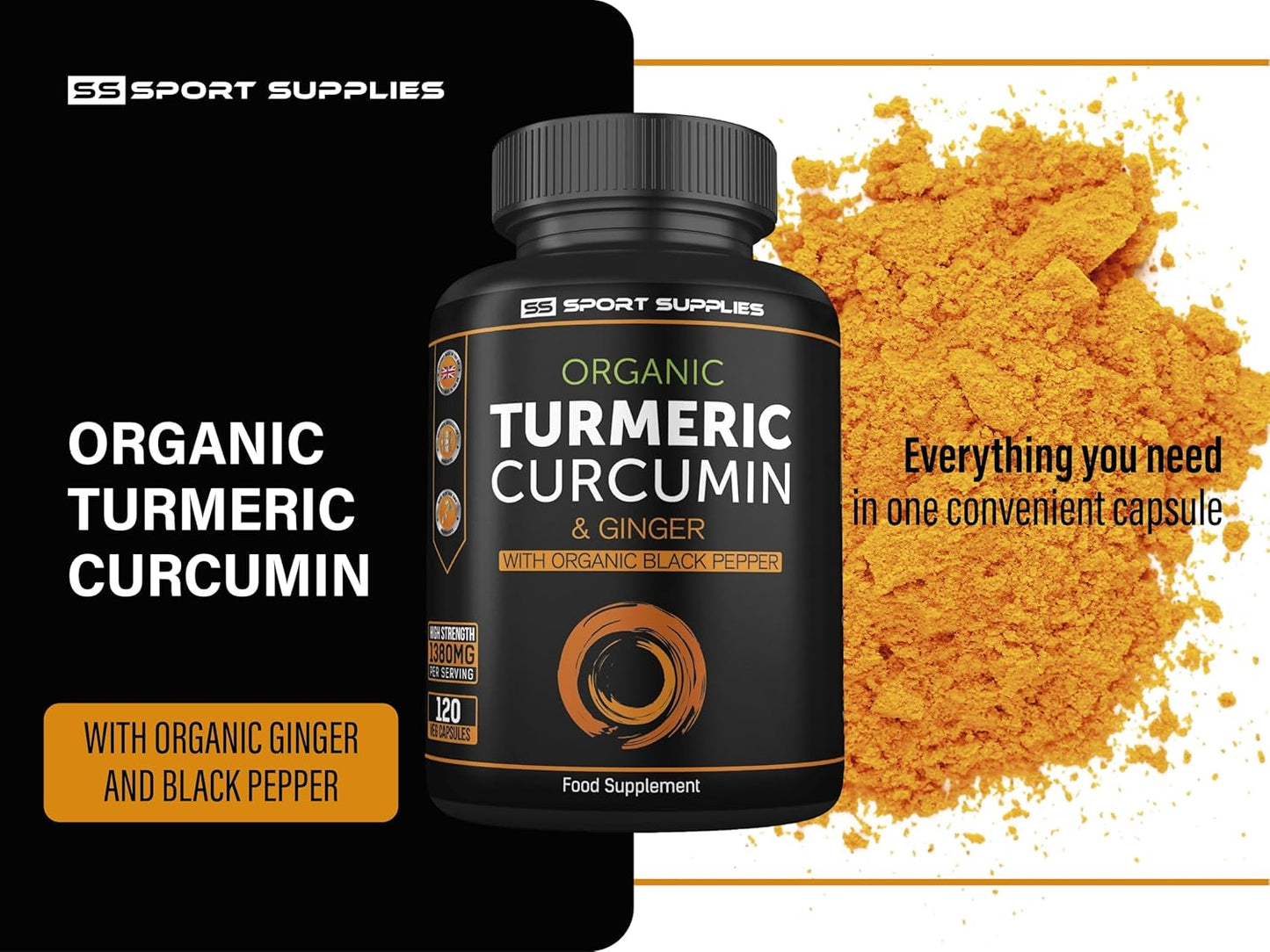Organic Turmeric Capsules High Strength and Black Pepper with Active Curcumin with Ginger 1380mg - Advanced Tumeric - Each 120 Veg Capsule is Organic (2 Capsules per Serving)