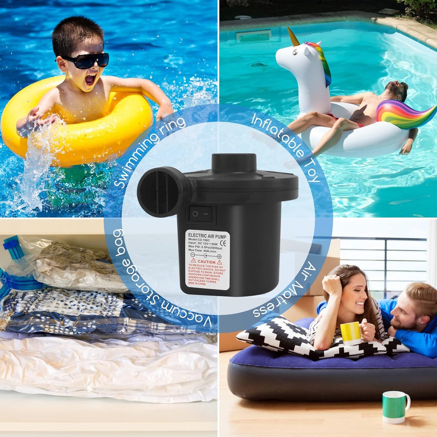 Jsdoin Electric Pump for Inflatables with 3 Nozzles, AC 240V/DC 12V 50W High Power Electric Air Pump for Air Bed Mattress Inflatables Paddling Pool Beach Toys, Fill Inflator Deflator