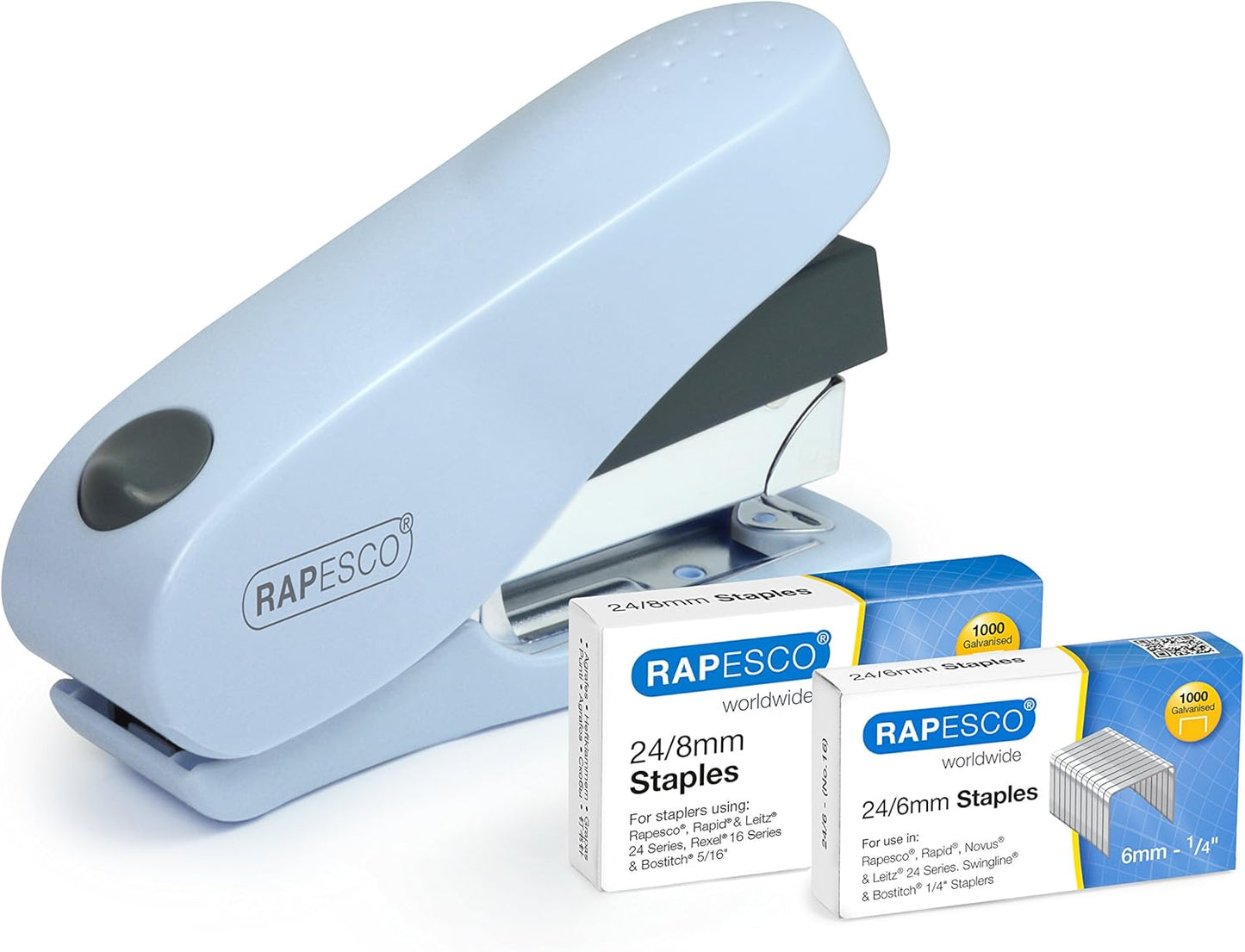 Rapesco 1469 Luna Less Effort Stapler with 2000 Staples, 50 Sheet Capacity, Powder Blue