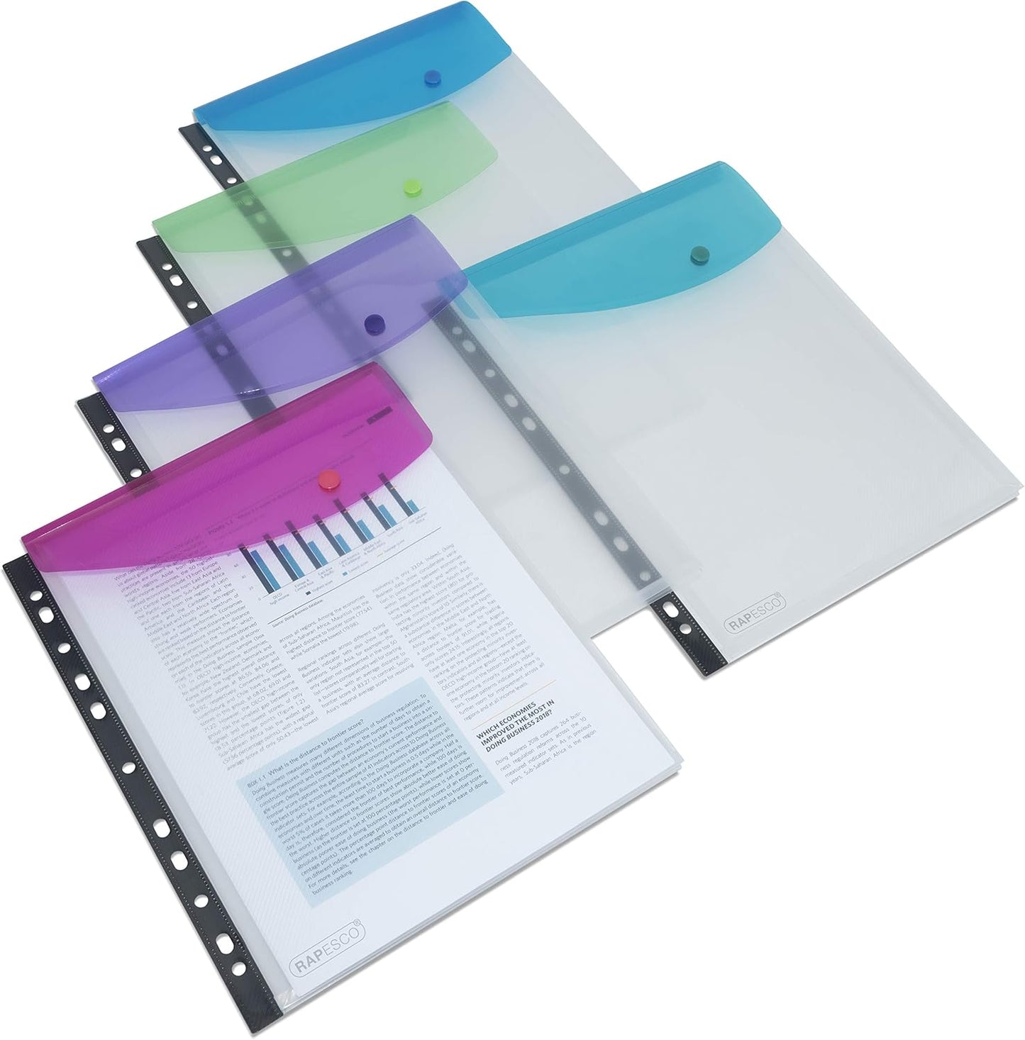 Rapesco 1630 High-Capacity Ring Binder Popper Wallet, A4, Transparent Assorted Colours, Pack of 5