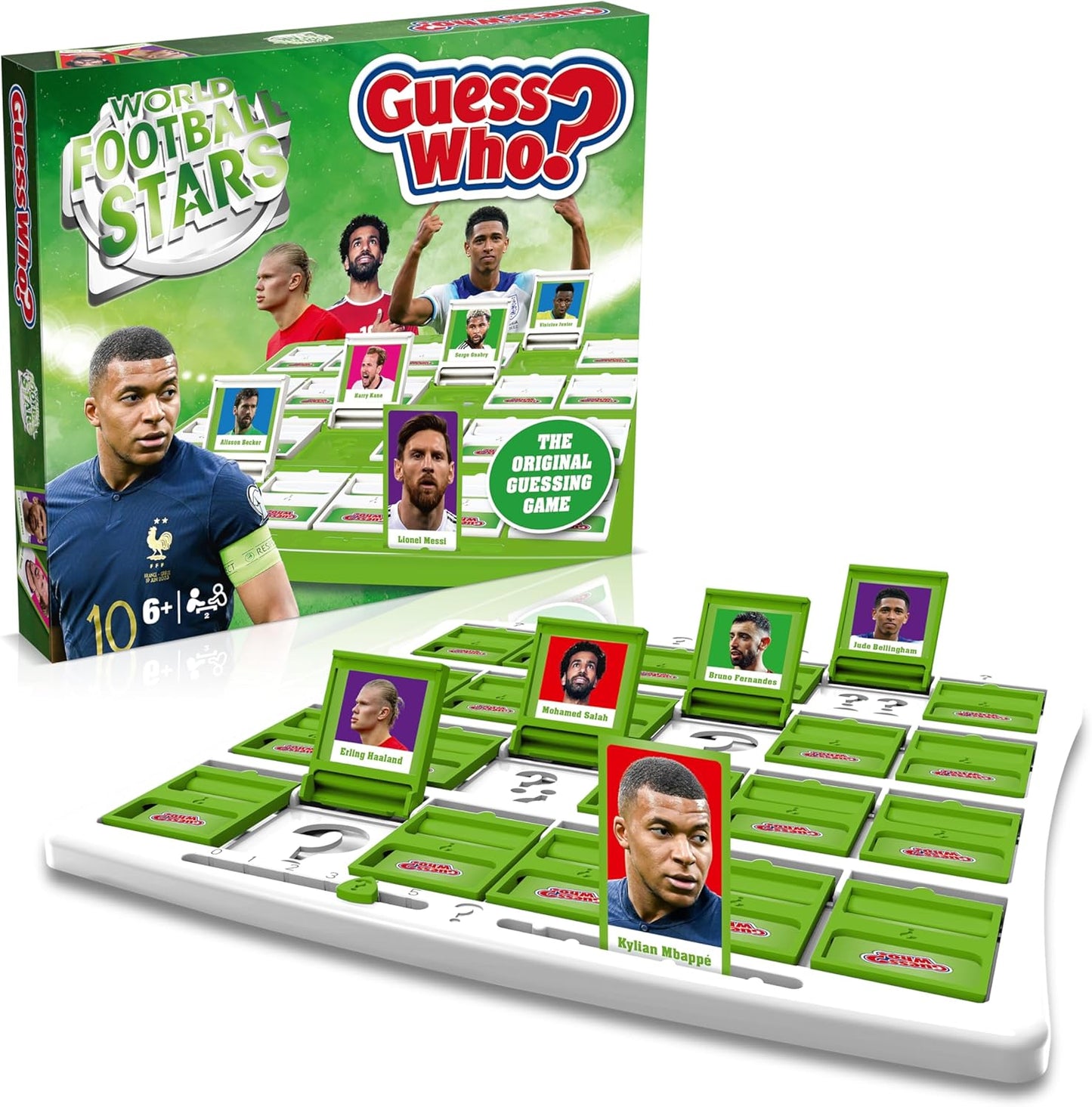 Winning Moves World Football Stars Guess Who? Board Game Green, Play with Messi, Neymar, Harry Kane, Salah, easy to set up, gift for ages 6 plus