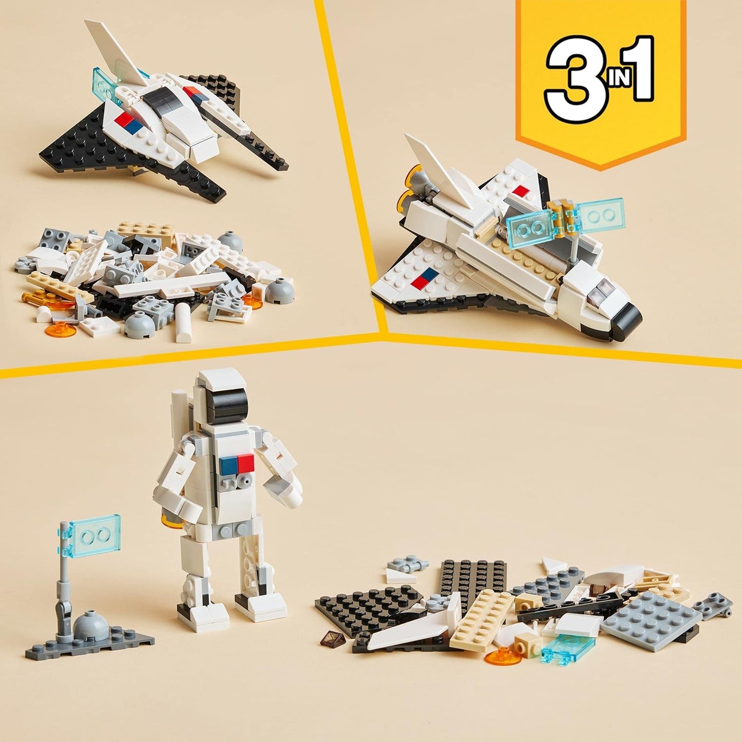 LEGO 31134 Creator 3 in 1 Space Shuttle Toy to Astronaut Figure to Spaceship, Building Toys for Kids, Boys, Girls Aged 6 and up, Creative Gift Idea