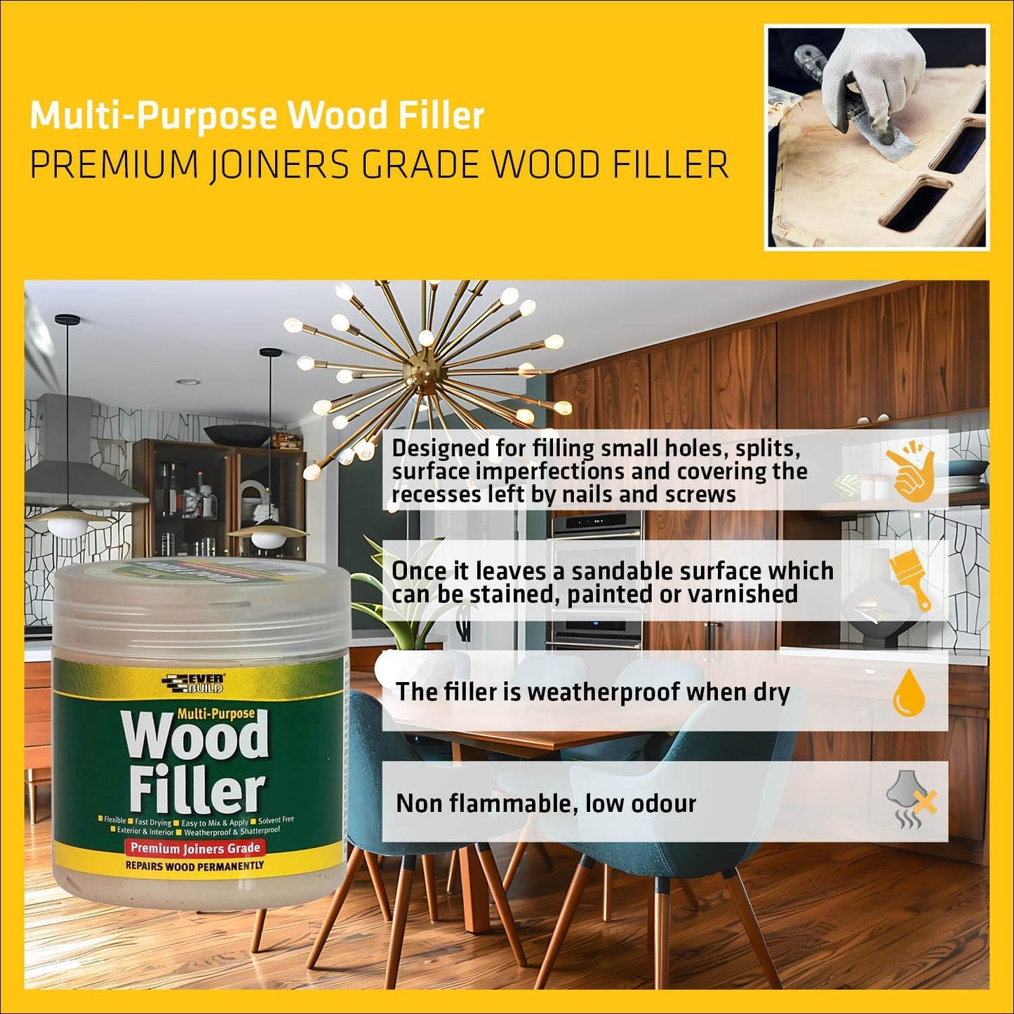 Everbuild Multipurpose Wood Filler – Suitable for Indoor and Outdoor Use – Sandable – Light Stainable – 250ml