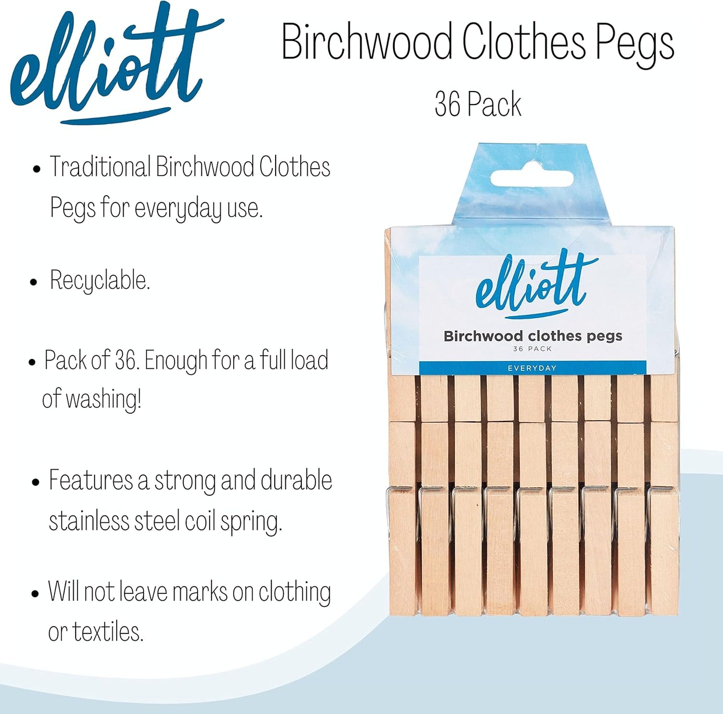 Elliott Hardwood Clothes Pegs with Metal Coil Spring for Firm Grip, Contoured to Prevent Leaving Marks on Clothing, This Pack Include 36 Pegs Ideal for Outdoor and Indoor Use