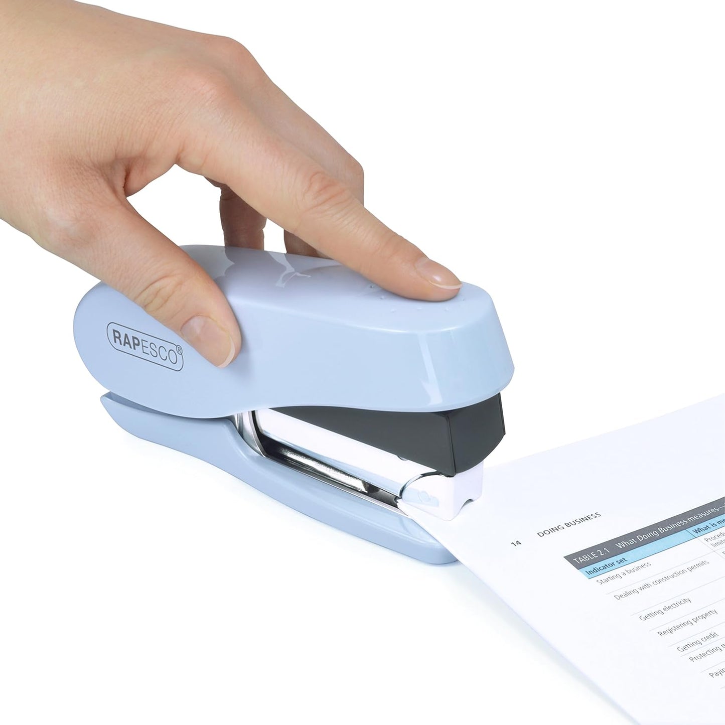 Rapesco 1469 Luna Less Effort Stapler with 2000 Staples, 50 Sheet Capacity, Powder Blue