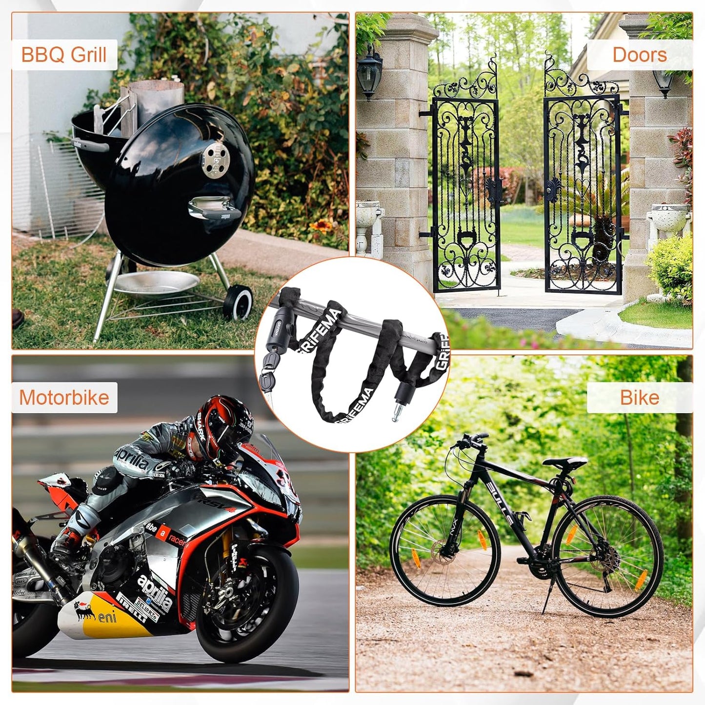 GRIFEMA GA1201-12 Bike Locks High Security with 2 Keys, Bike Chain Lock Heavy Duty, 120cm Bicycle/Cycling Locks for Bike Cycle, Moto, Door, Gate Fence, Black/White