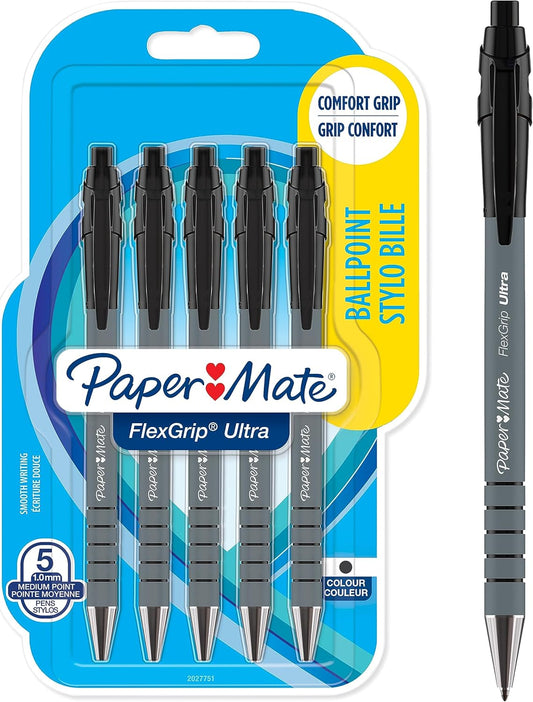 Paper Mate Flexgrip Ultra Retractable Ballpoint Pens | Medium Point (1.0mm) | Black | 5 Count