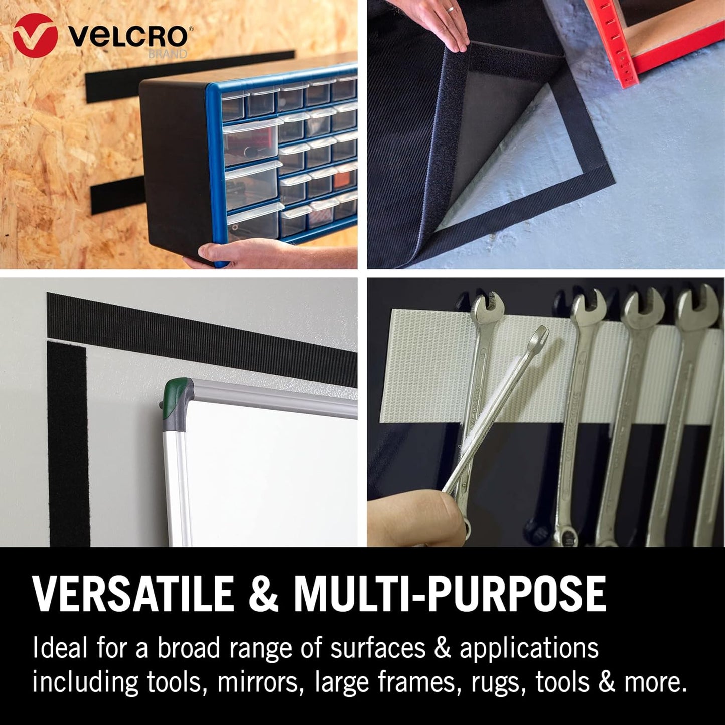 VELCRO Brand Heavy Duty Stick On Tape Cut-to-Length Industrial Extra Strong Double Sided Hook & Loop Self Adhesive Tape Perfect for Room Décor & Home, Office, Garage Use Black 50mm x 1m