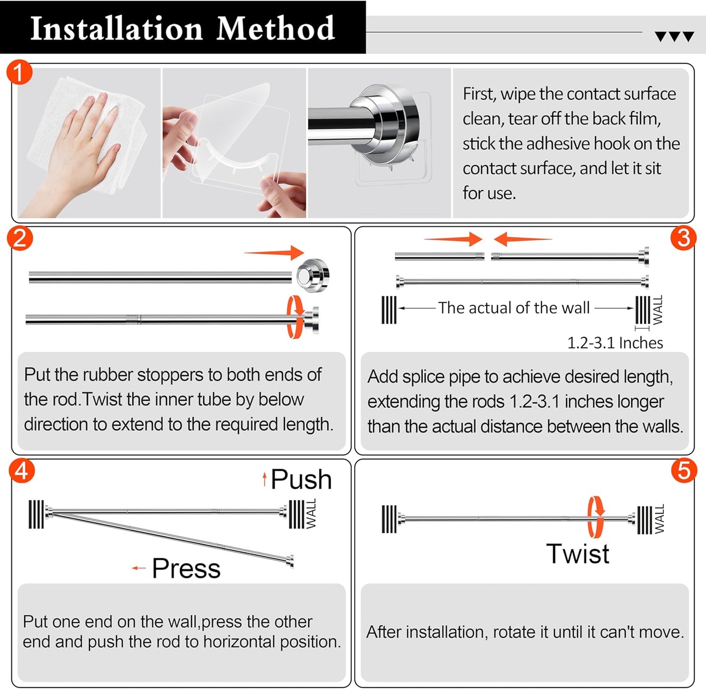 Stainless Steel Extendable Shower Curtain Rod Tension Pole, including 2 Holder,Net Voile Curtains Rail,Adjustable Telescopic Rods Extendable for Kitchen Cupboard Bathroom Window(130cm-193cm)