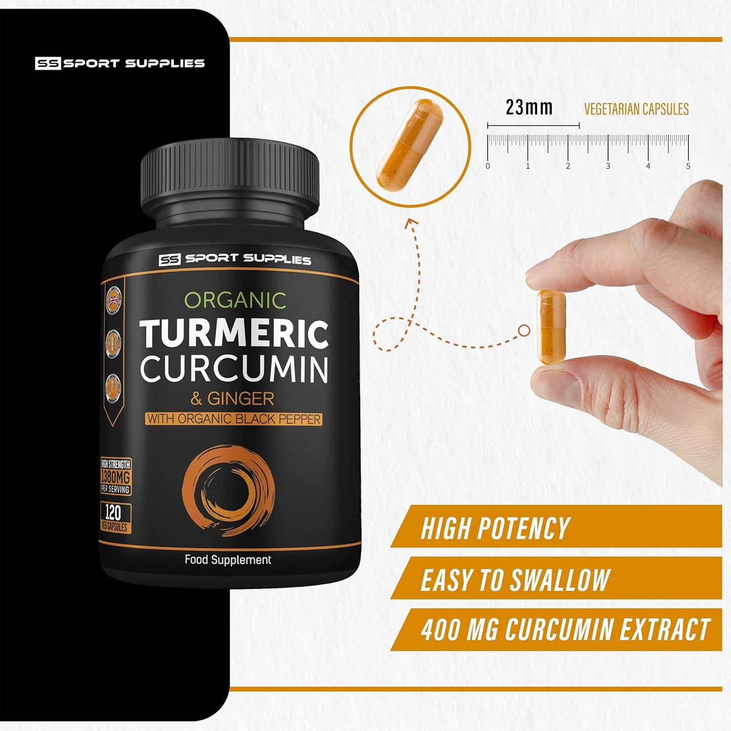 Organic Turmeric Capsules High Strength and Black Pepper with Active Curcumin with Ginger 1380mg - Advanced Tumeric - Each 120 Veg Capsule is Organic (2 Capsules per Serving)