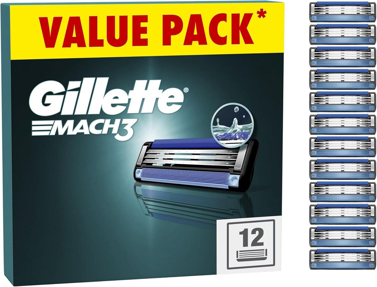 Gillette Mach3 Razor Blades Men, Gillette Razors For Men Mach 3, Pack of 12 Razor Blade Refills, Stronger Than Steel Blades, Enhanced Lubrastrip, Safety Razors For Men, Disposable Razors For Men