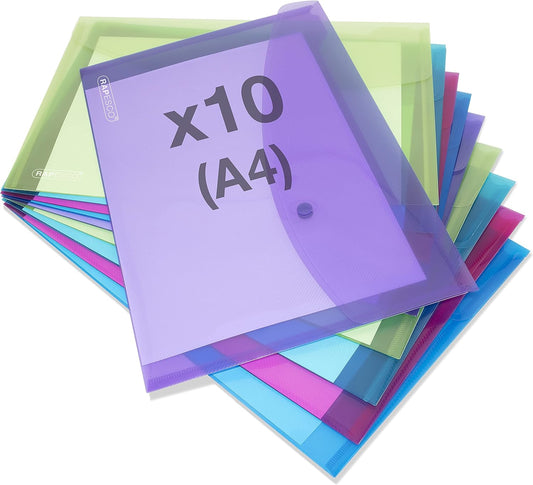 Rapesco 1665 Popper Wallets, A4+, Assorted Transparent Colours, Pack of 10