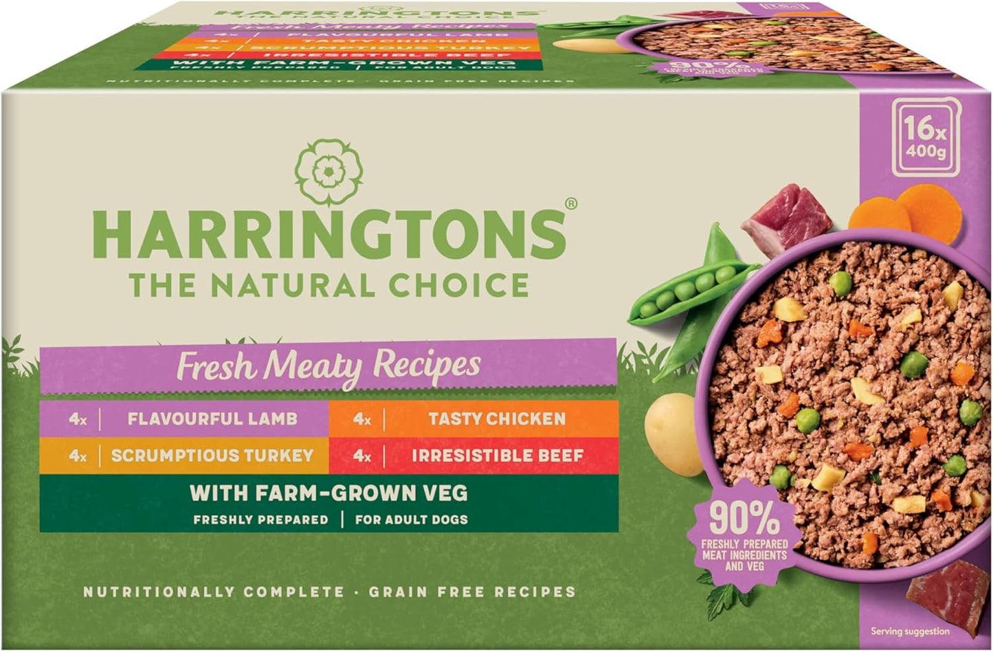 Harringtons Complete Wet Tray Grain Free Hypoallergenic Adult Dog Food Meaty Bumper Pack 16x400g - Chicken, Lamb, Beef & Turkey - Made with All Natural Ingredients