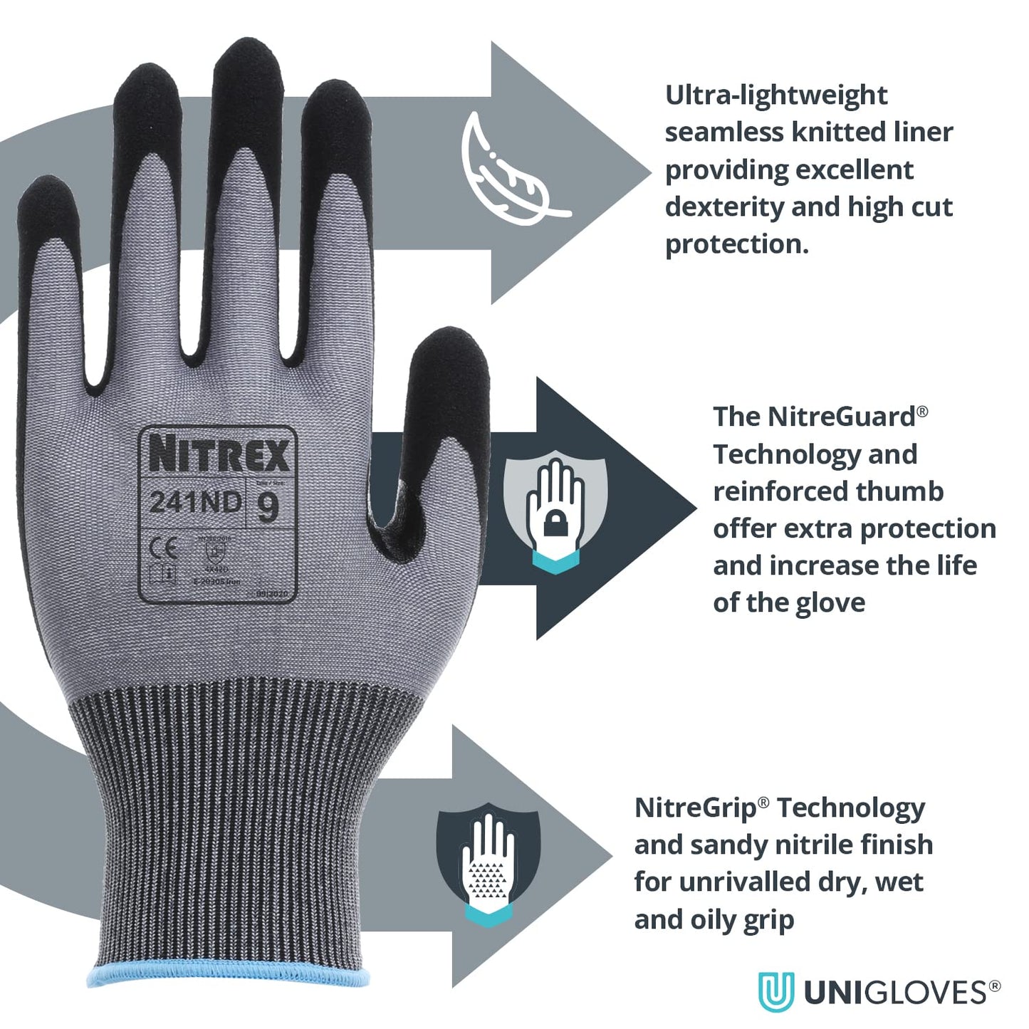 Nitrex 241ND Work and Safety Gloves, Bag of 10 Pairs, Size 8 - D Rated Cut Resistant Gloves with a Sandy Nitrile Palm Coating