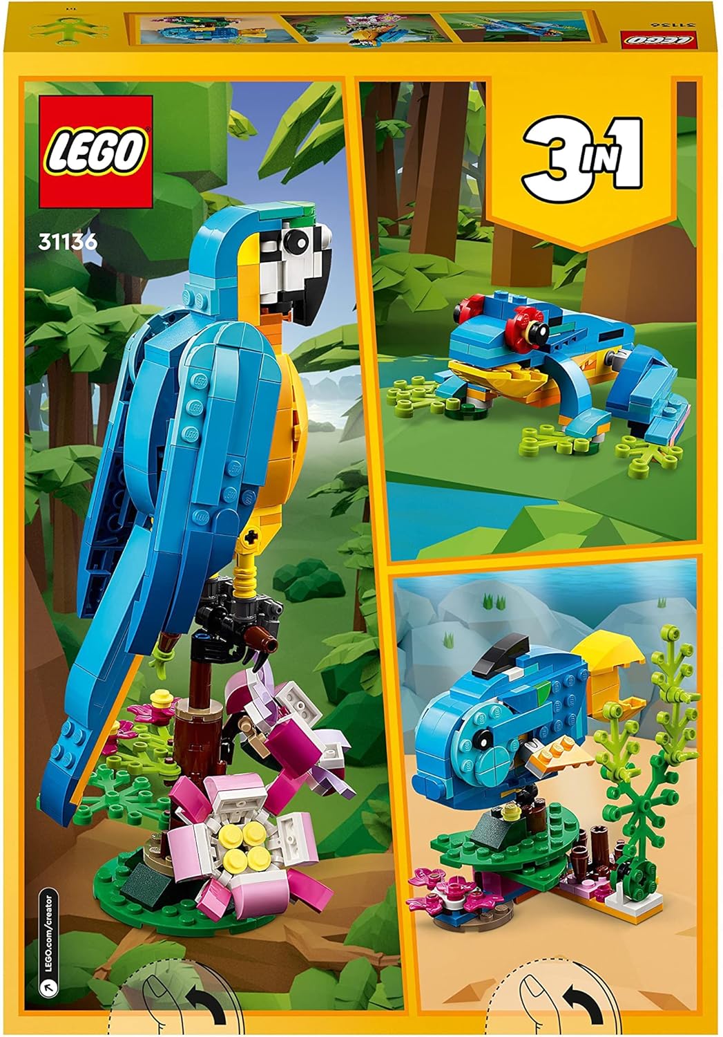 LEGO 31136 Creator 3 in 1 Exotic Parrot to Frog to Fish Animal Figures Building Toy, Creative Toys for Kids Aged 7 and up