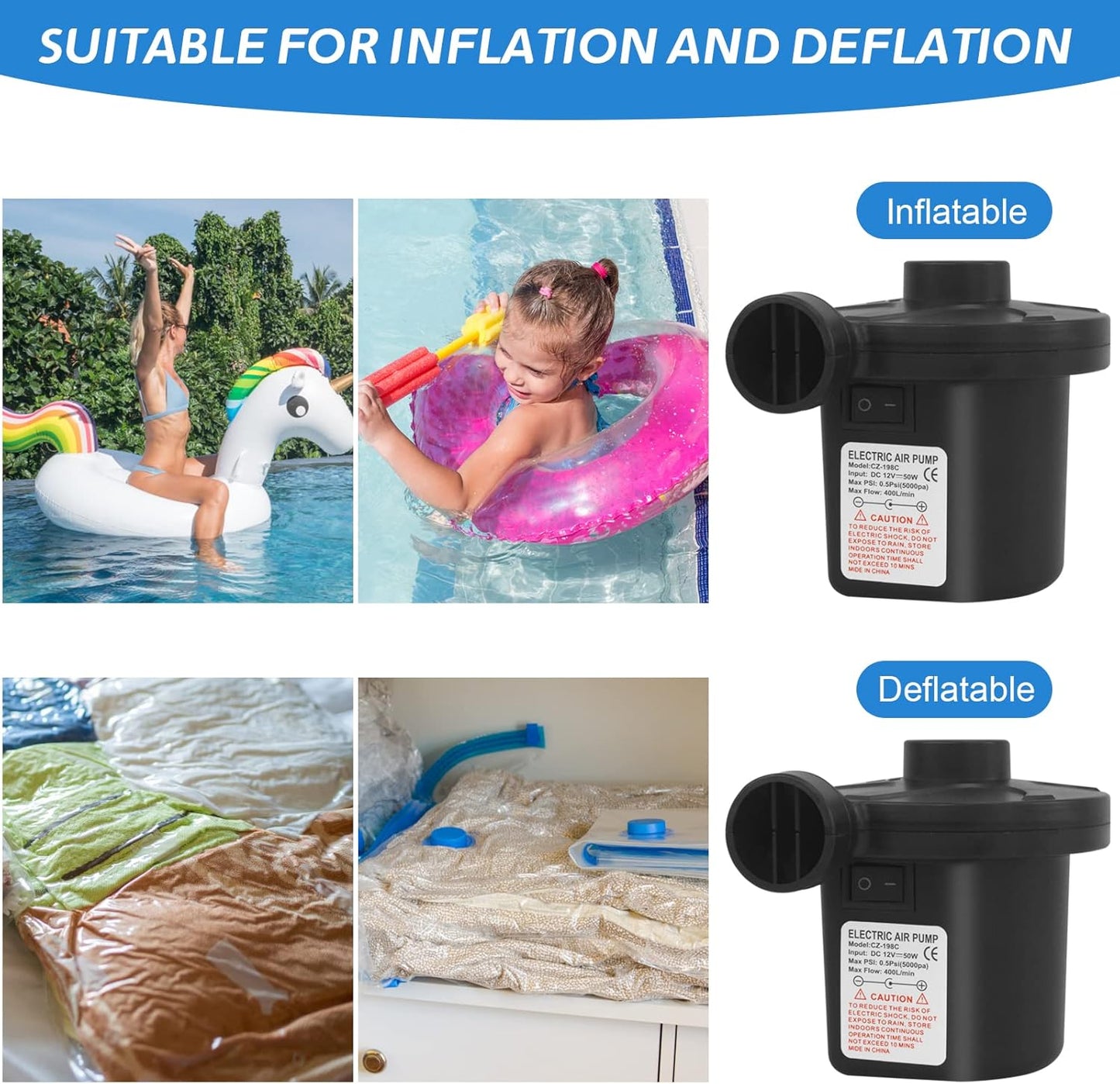 Jsdoin Electric Pump for Inflatables with 3 Nozzles, AC 240V/DC 12V 50W High Power Electric Air Pump for Air Bed Mattress Inflatables Paddling Pool Beach Toys, Fill Inflator Deflator
