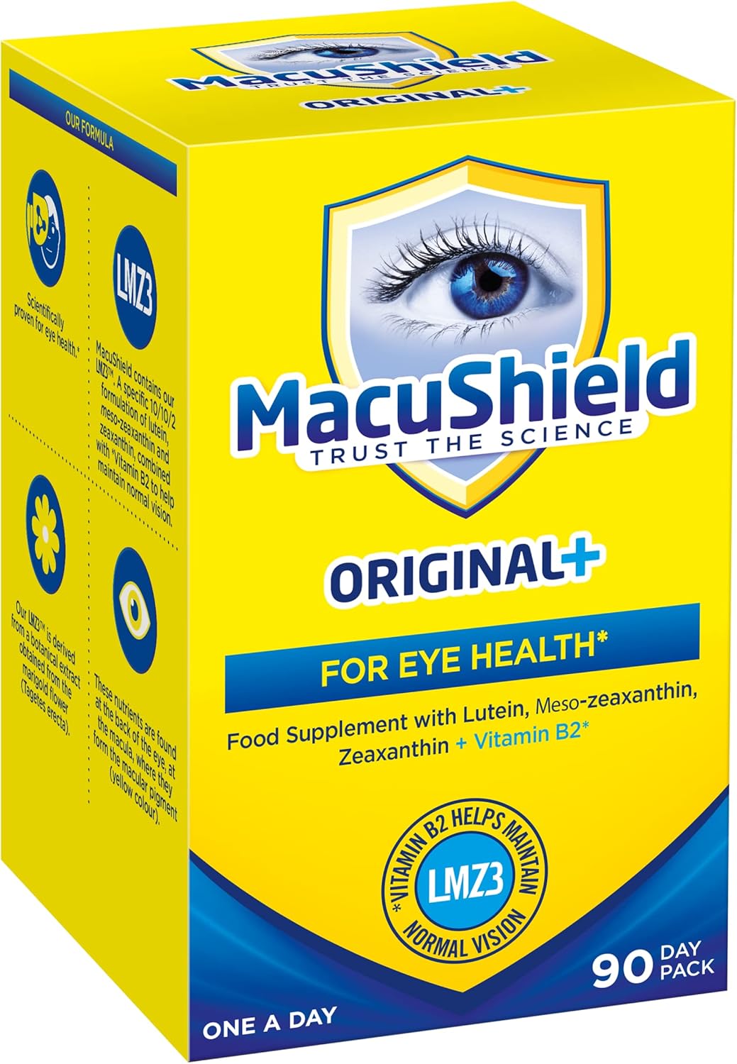 MacuShield Original Plus Capsules - 90-day pack, Eye Health Supplement* with Lutein Zeaxanthin and Meso-Zeaxanthin + Vitamin B2 (Riboflavin) which Helps Support Normal Vision, 90 count (Pack of 1)