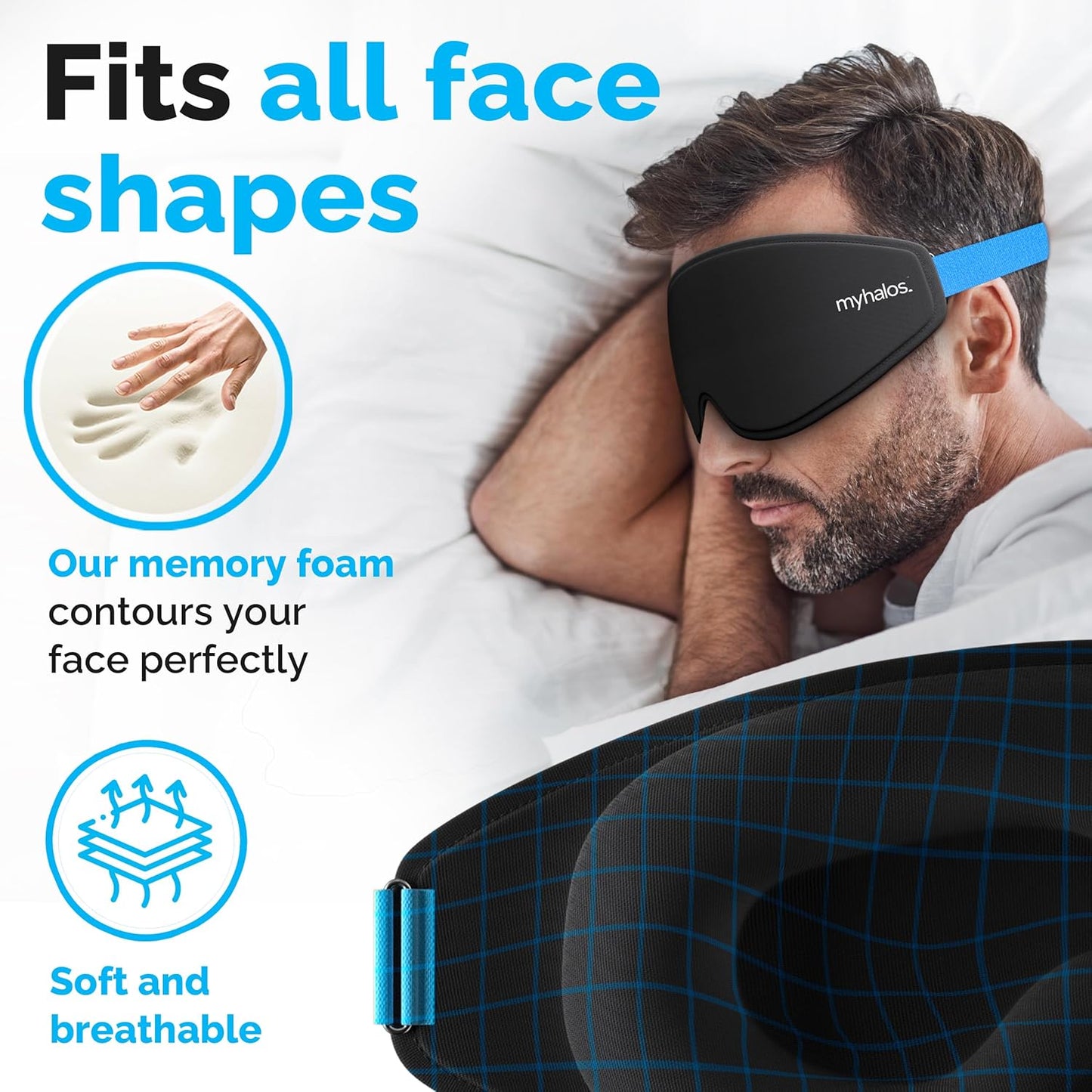 MyHalos 100% Blackout Sleep Masks for Women & Men - Zero Eye Pressure Eye Mask for Sleeping -Our Halo Sleep Mask Includes a Storage Pouch- Black Eye Mask for Travel or Blindfold