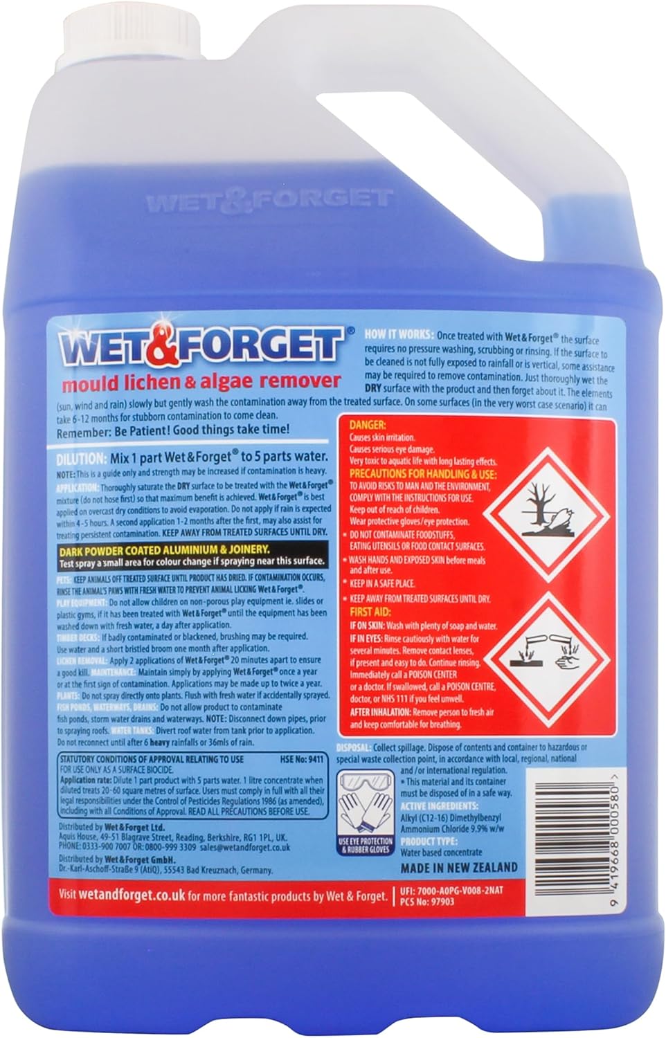 Wet & Forget Mould, Lichen & Algae Remover, Outdoor Cleaning Solution, Black Mould Remover, Bleach Free, 5 Litre