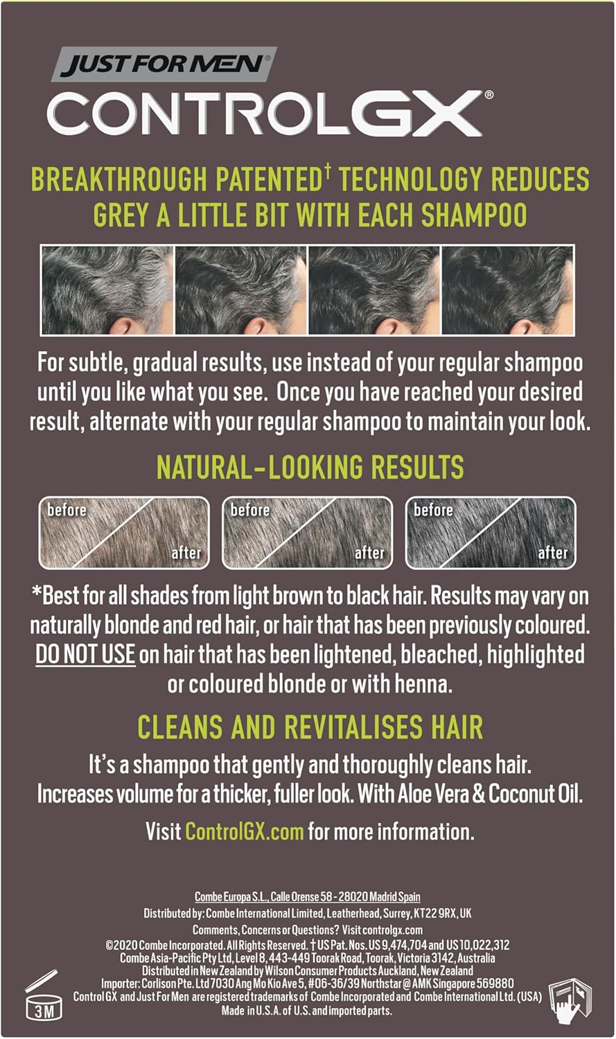 Just For Men Control GX Grey Reducing Shampoo For Grey Hair, With Coconut Oil & Aloe Vera, New Improved Formula - All Shades, 118ml, packaging may vary