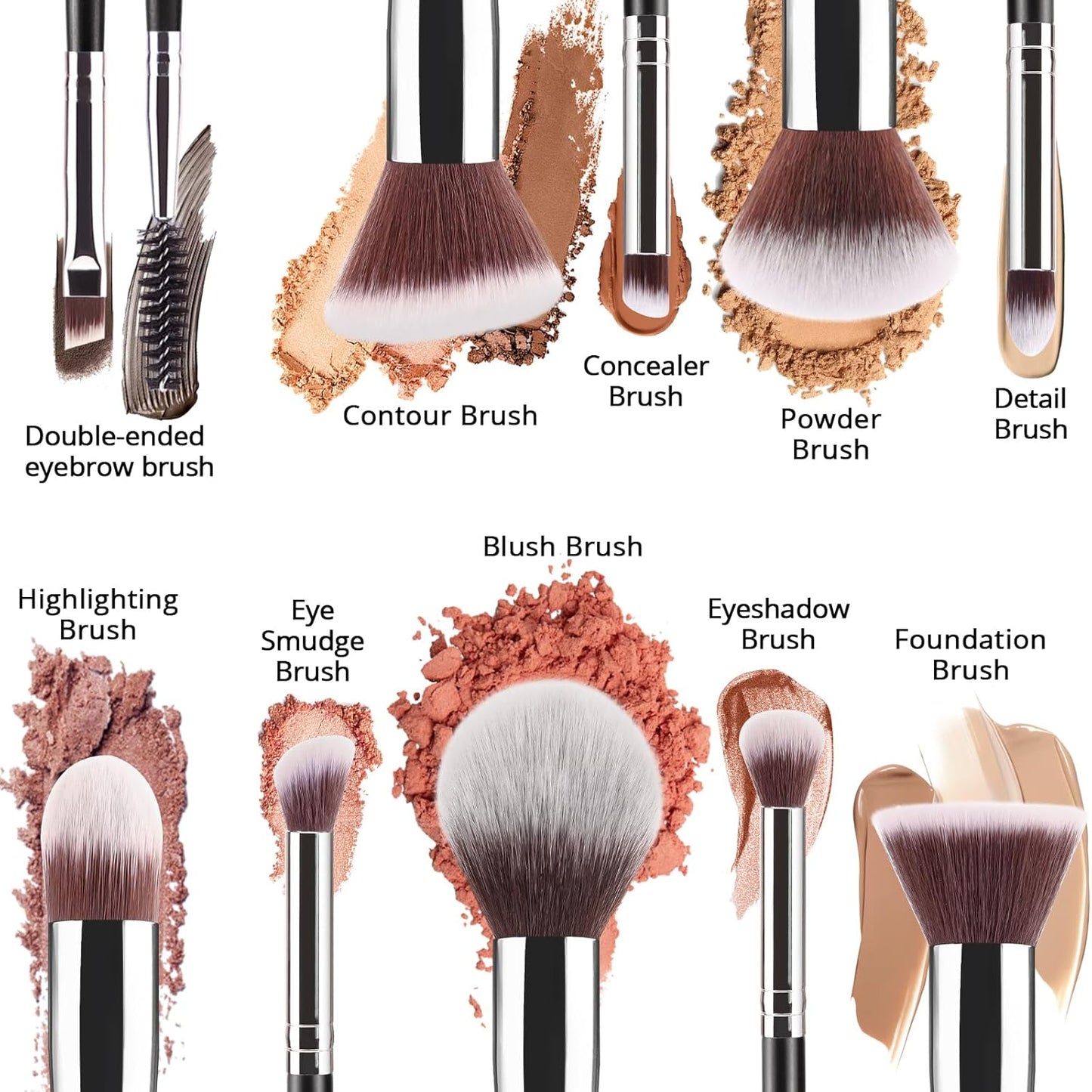 BEAKEY Diversity Make up Brushes 12Pcs Makeup Kit, Premium Synthetic Kabuki Foundation Face Powder Concealers Eyeshadow Blush Brushes Make up Brushes Set, with 2pcs Blender Sponges (Black/Silver)