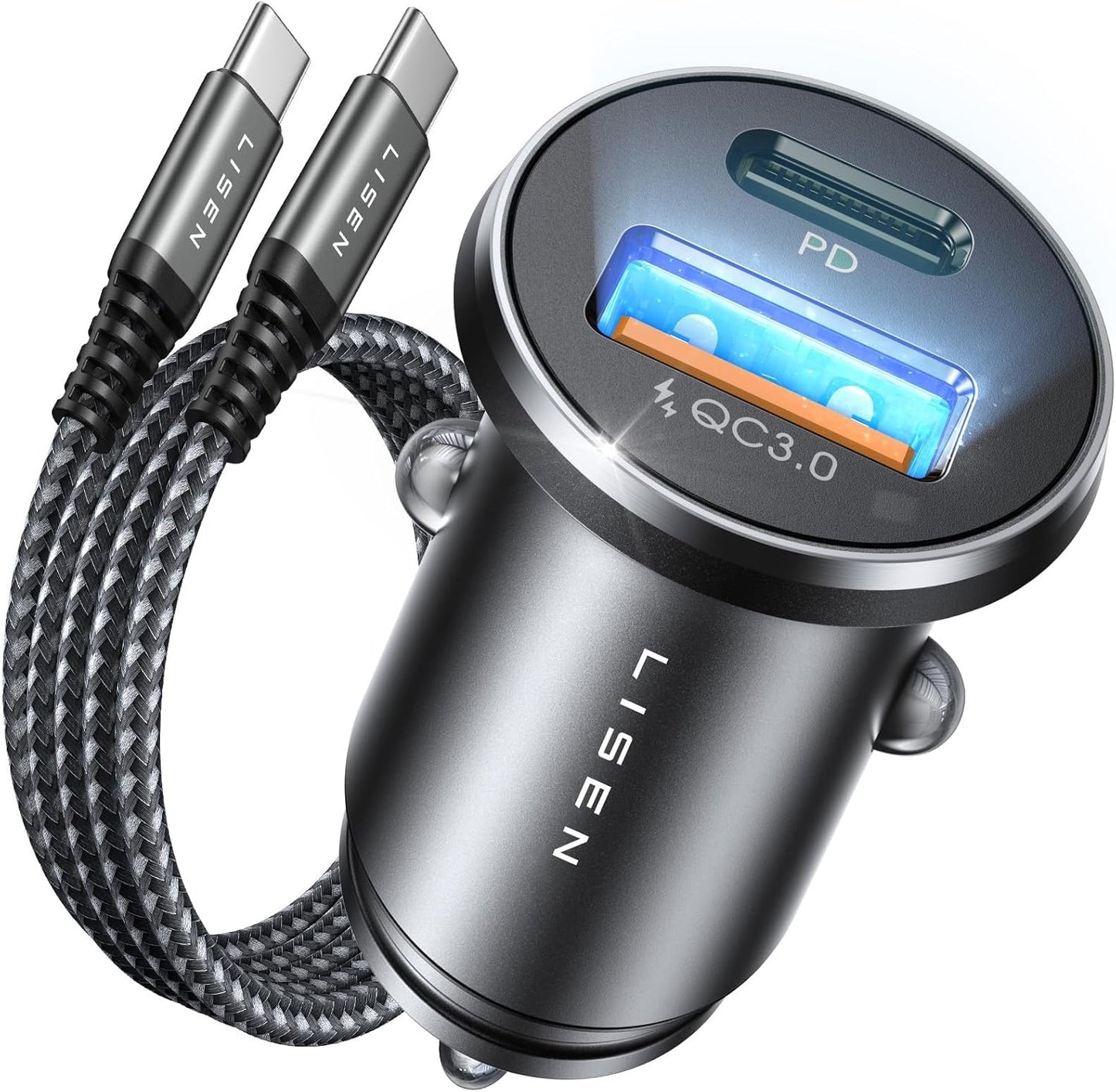LISEN Car Charger Adapter USB C 54W 12V USB Socket [USBC 36W+USBA 18W] 60W USB C Cable PD3.0 Car Phone Charger Cigarette Lighter USB Charger for iPhone 16 Pro 16e Samsung S25 Ultra Car Accessories