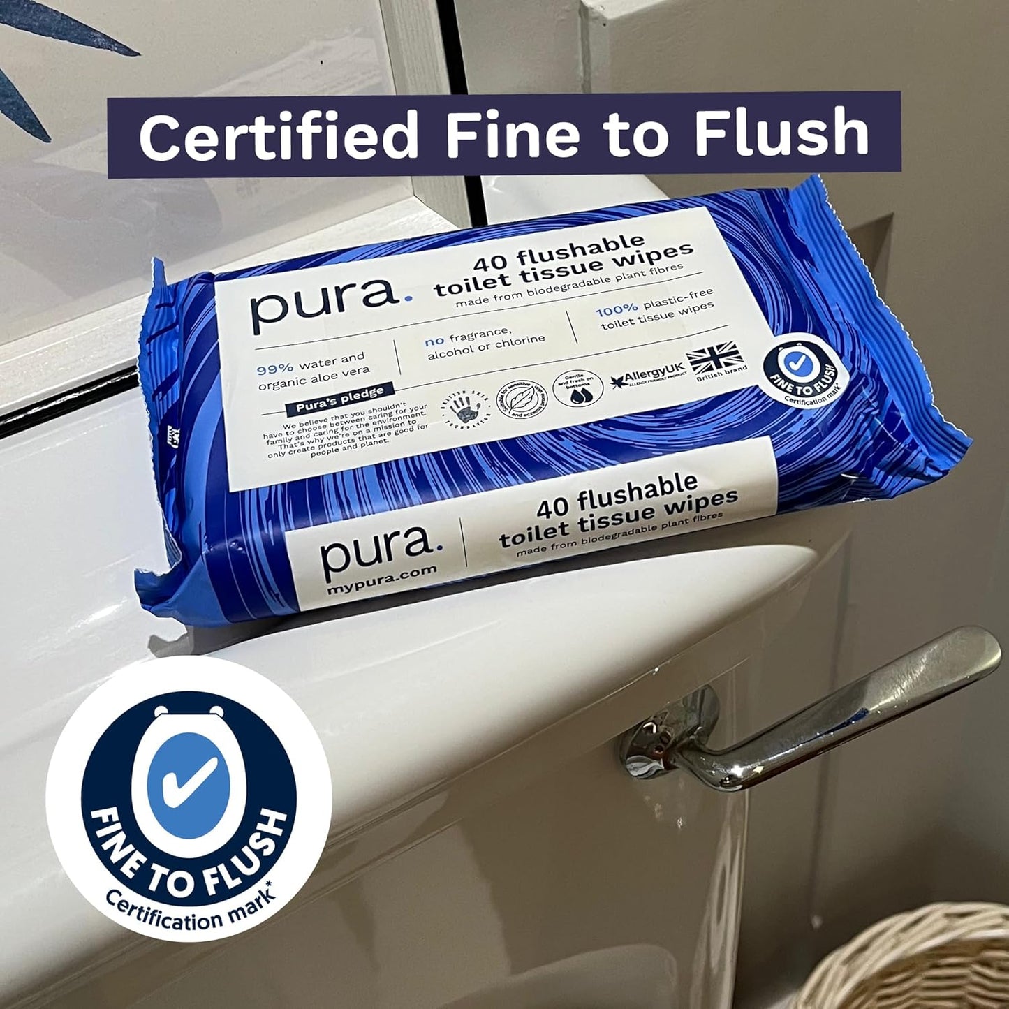 Pura Flushable Moist Toilet Tissue Wipes, 1 Pack of 40 Wet Wipes, 100% Plastic Free, 99% Water Clean Washlets, Certified ‘Fine to Flush’ Biodegradable, Compostable, Vegan, Gentle Clean