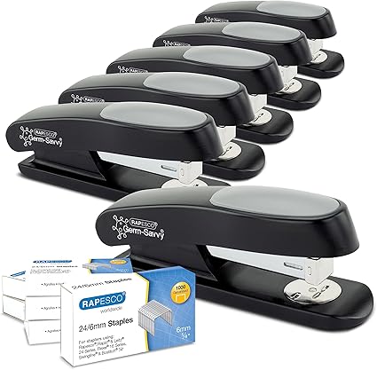 Rapesco 1734 Business Pack: 6 Germ-Savvy Antibacterial ECO Sting Ray Staplers, 20 Sheet Capacity, and 6 Boxes of 1000 24/6 mm Staples, Black