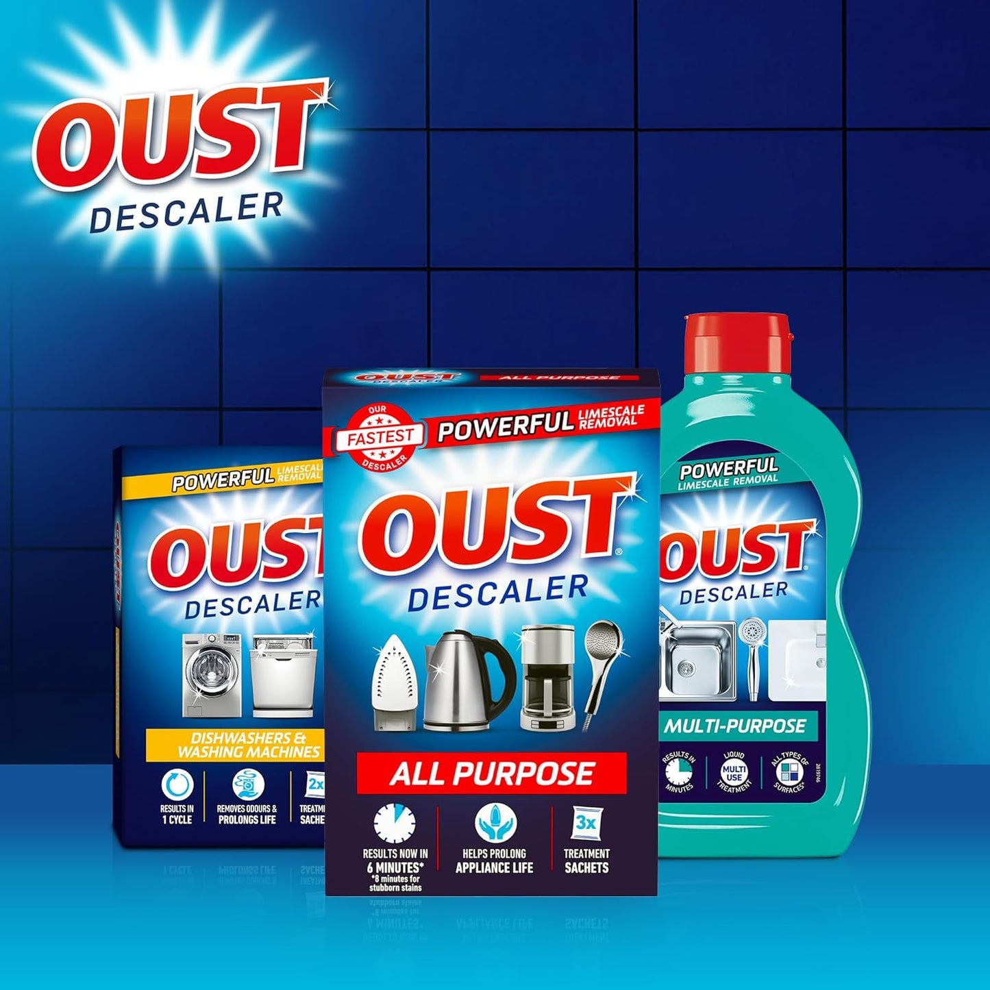 Oust Powerful All Purpose Descaler, New Formula, Limescale Remover – Ideal for Kettles, Coffee Machines, Irons and Shower Heads, 3 Sachets x 6 (18 Sachets Total)