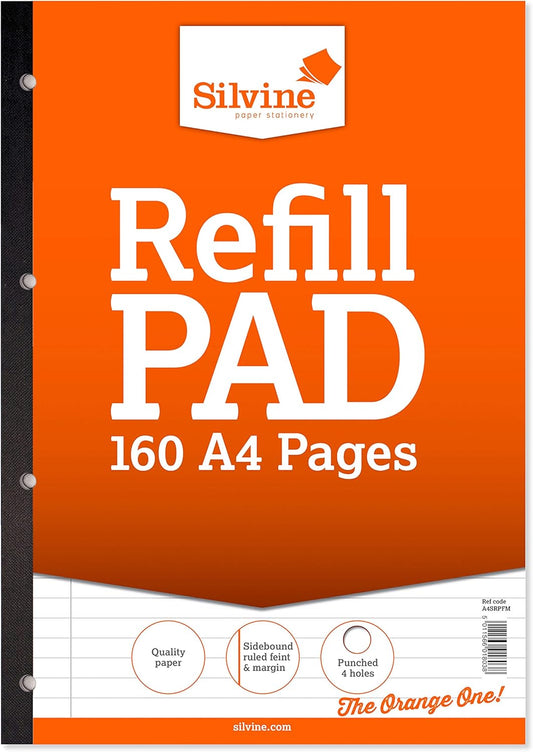 Silvine 160 Page A4 Refill Pad, Side Bound and Punched 4 Holes. Ruled 8mm Feint with Margin. Ref A4SRPFM, Single, White