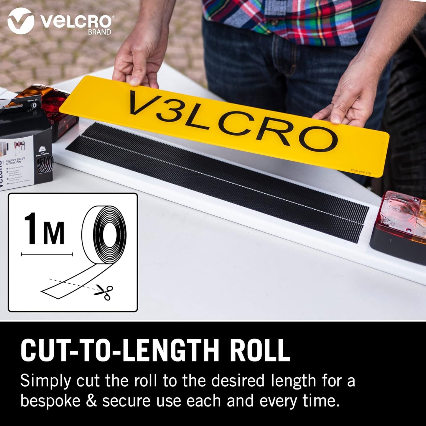 VELCRO Brand Heavy Duty Stick On Tape Cut-to-Length Industrial Extra Strong Double Sided Hook & Loop Self Adhesive Tape Perfect for Room Décor & Home, Office, Garage Use Black 50mm x 1m