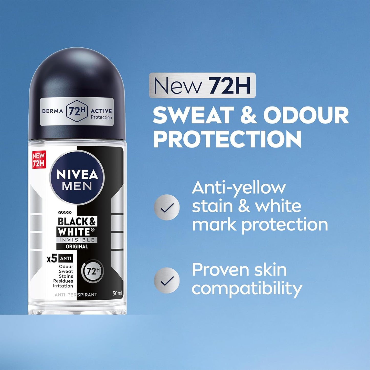 NIVEA MEN Black & White Original Anti-Perspirant Roll On (50ml), 72hr Anti-Sweat Roll On Deodorant for Men, No Stains on Black and White Clothes