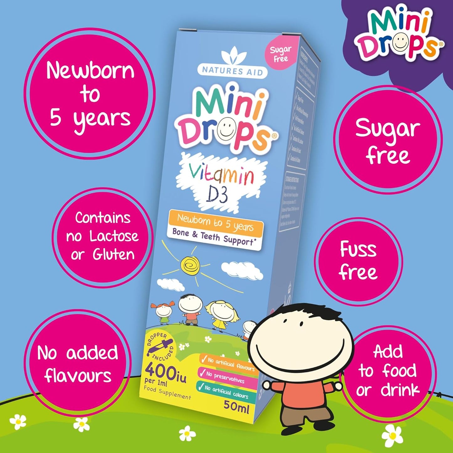 Natures Aid Mini Drops Vitamin D3 50ml for Infants & Kids - Bone, Teeth, Health & Immune System Support - Sugar Free, Vegan, Gluten-Free, Non-GMO - Growth Support for Children Age 0-5 Dropper Included