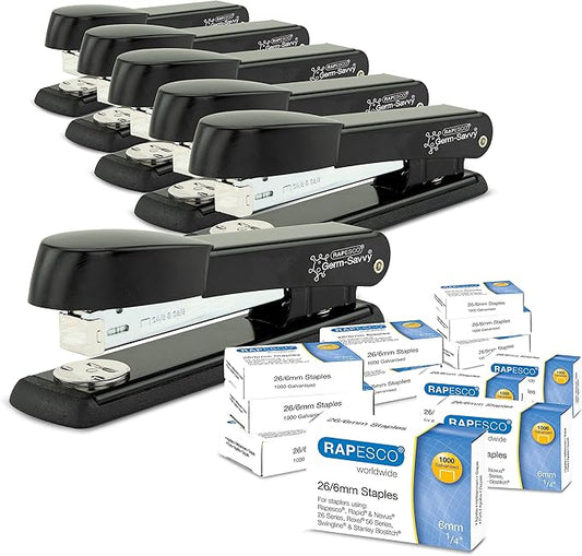 Rapesco 1733 Business Pack: 6 Germ-Savvy Antibacterial Marlin Staplers, 25 Sheet Capacity, and 12 Boxes of 1000 26/6 mm Staples, Black
