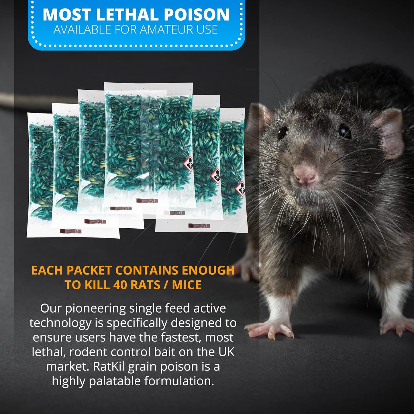 RatKil Rat Poison (6 x25g) Rat Bait & Mouse Poison Grain - Strongest Maximum Strength Rodent Killer - Fast Acting, All Weather, Single Feed Bait Sachets
