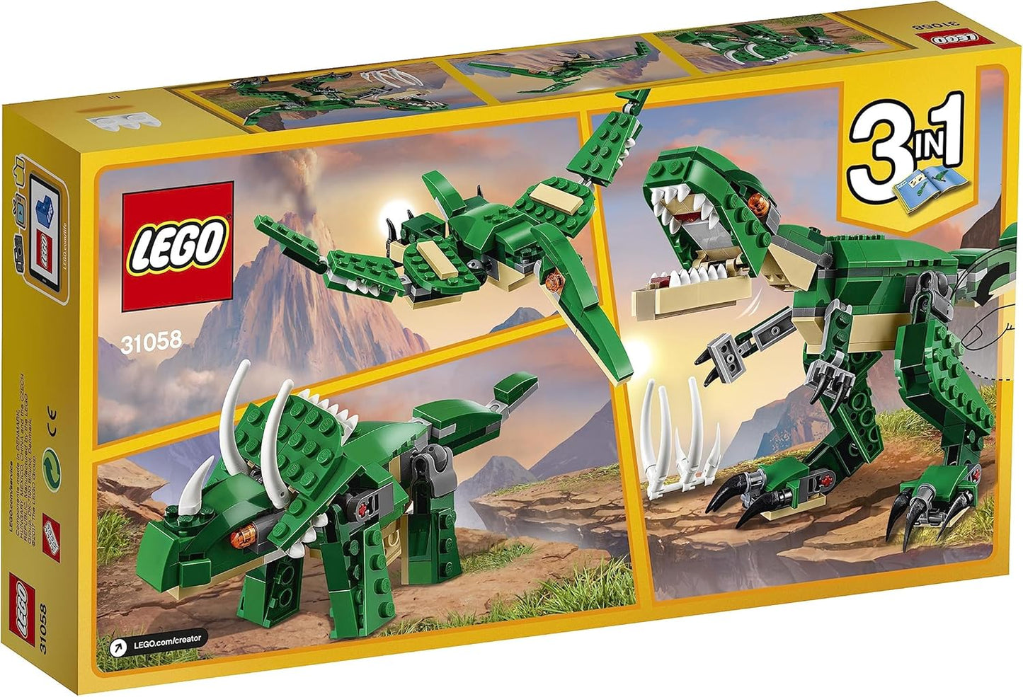 LEGO 31058 Creator Mighty Dinosaurs Toy, 3 in 1 Model, T. rex, Triceratops and Pterodactyl Dinosaur Figures, Gifts for 7-12 Year Old kids, Boys & Girls