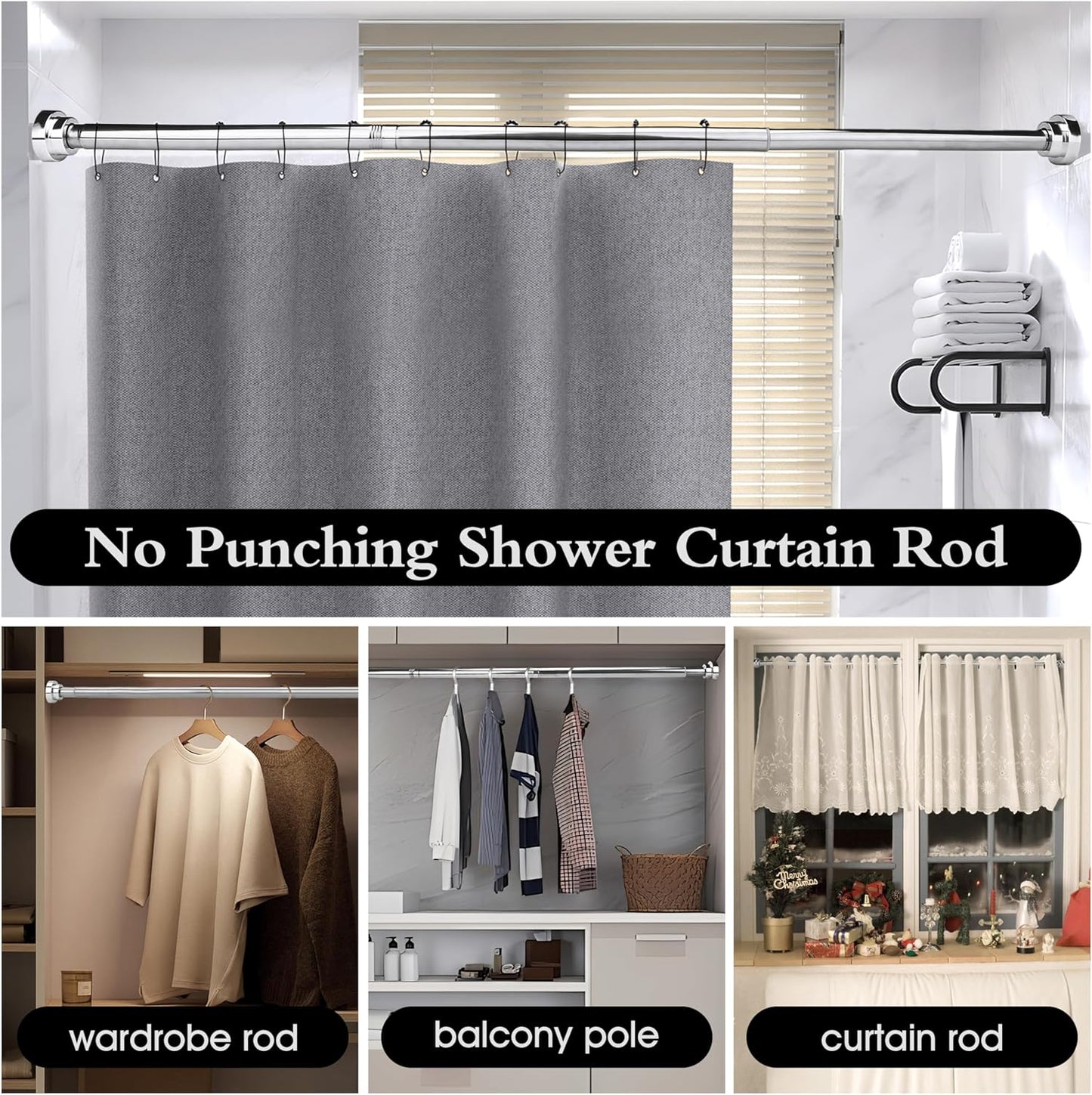 Stainless Steel Extendable Shower Curtain Rod Tension Pole, including 2 Holder,Net Voile Curtains Rail,Adjustable Telescopic Rods Extendable for Kitchen Cupboard Bathroom Window(130cm-193cm)